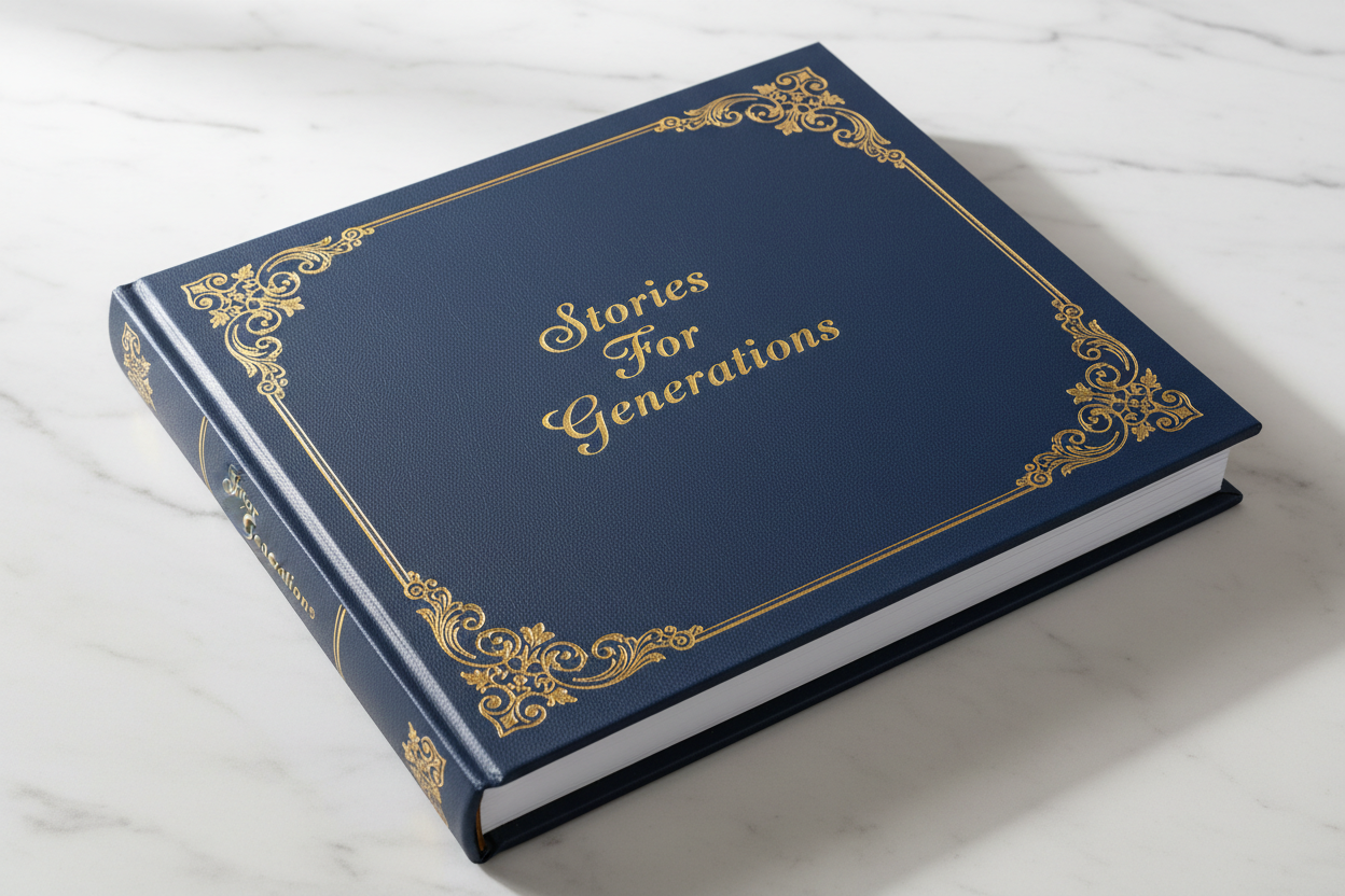 gold embossed photo book titled Stories For Generations